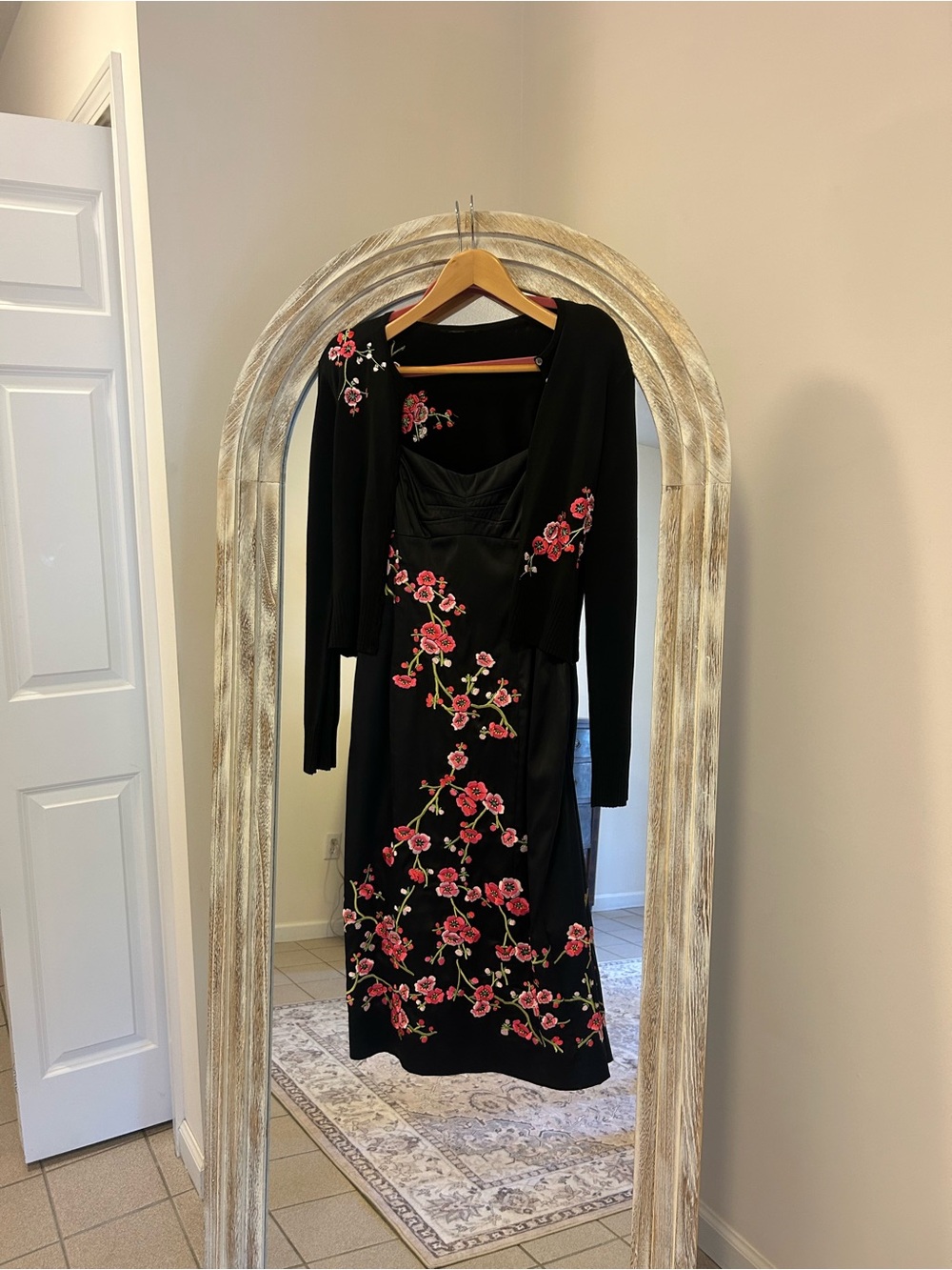 Karen Millen Black Midi Dress with Pink Floral Embroidery and Cardigan